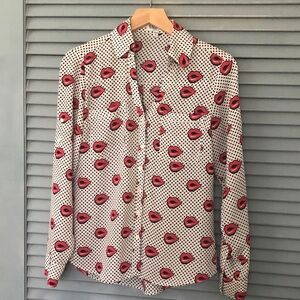 Express White Button-Down Shirt with Red Lip Print and Black Polka Dots